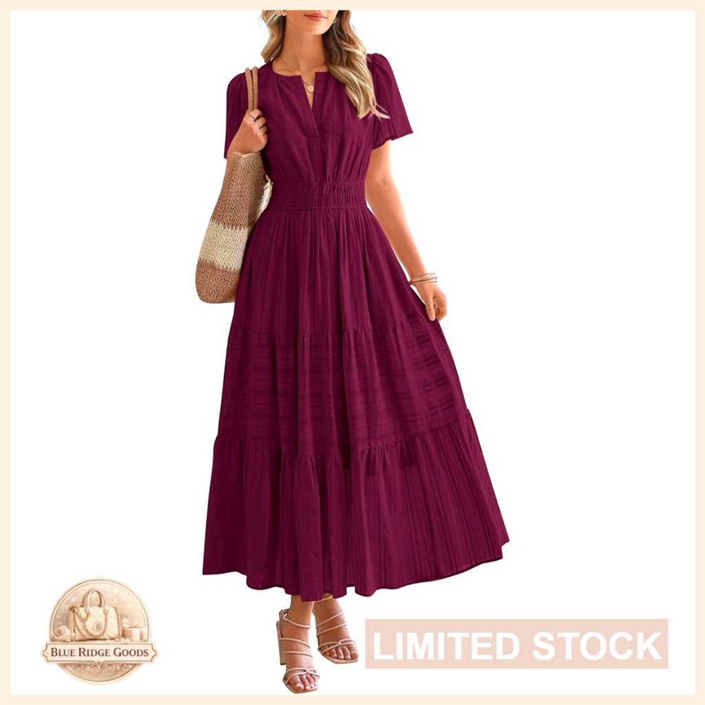 Lightweight Boho Maxi Dress V Neck Short Sleeve Elastic Waist Pockets